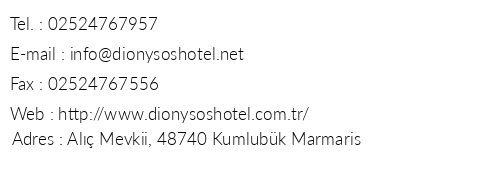 Dionysos Hotel telefon numaralar, faks, e-mail, posta adresi ve iletiim bilgileri